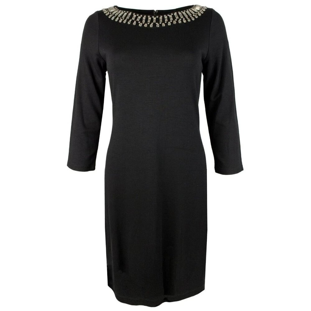 Tommy Bahama Darcy Beaded 3/4 Bracelet Sleeve Ponte Shift Dress Medium Black - Picture 2 of 9